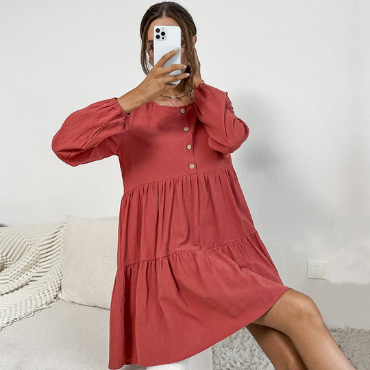 Damen Lockeres Cord-Volantkleid mit Stufenrock & Zierknopfleiste Shop Nory