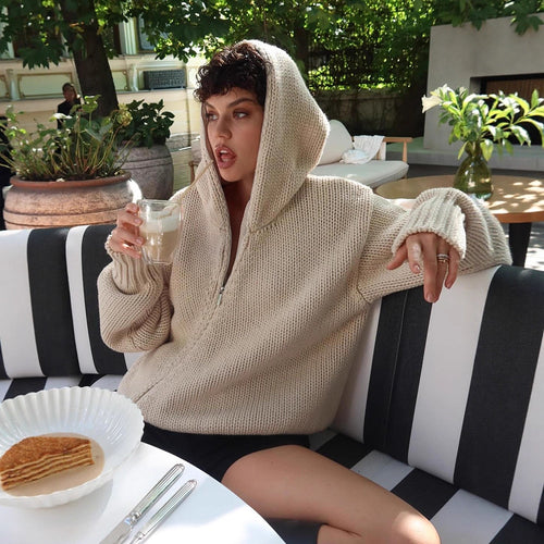 Damen Oversize Kapuzen-Strickcardigan mit Reißverschluss Shop Nory
