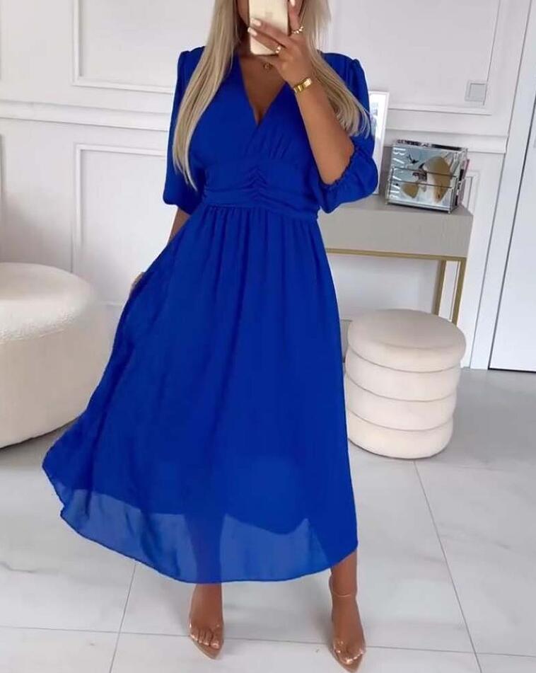 Damen Chiffon Maxi Kleid mit V-Ausschnitt, Rüschengesäß und 3/4 Ärmeln Shop Nory