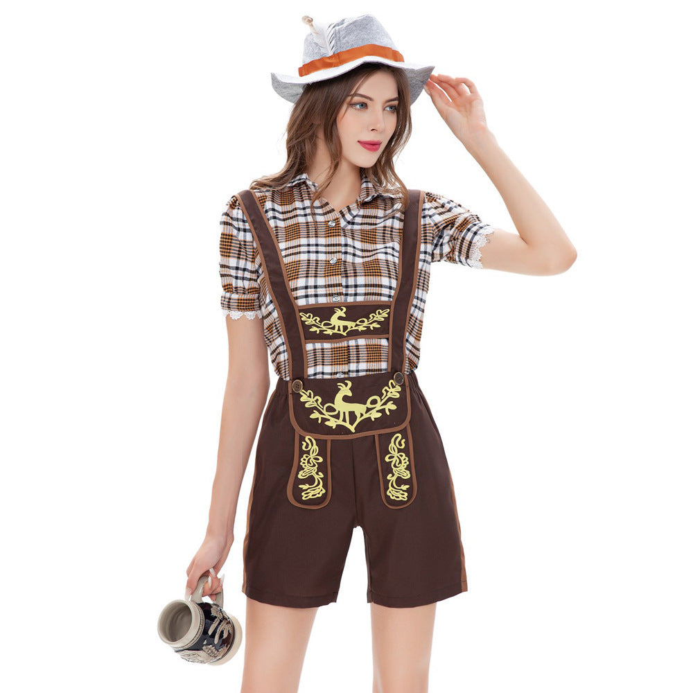 Damen Trachten-Latzhose mit kariertem Oberteil und dekorativer Stickerei