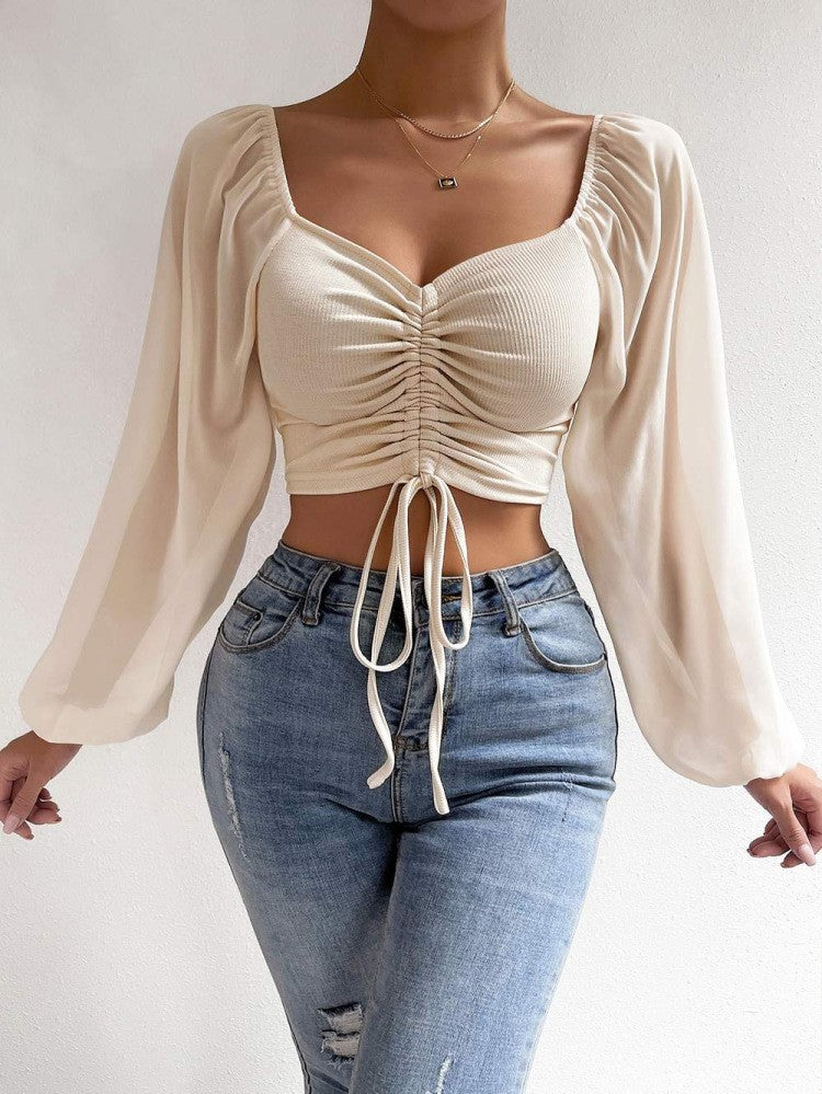 Damen Crop-Top mit strukturiertem Körper und eleganten Puffärmeln
