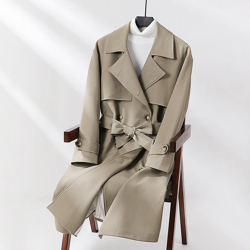 Damen Langer taillierter Trenchcoat mit weitem Schalkragen und Bindegürtel Shop Nory