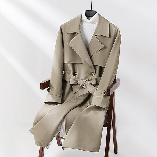 Damen Langer taillierter Trenchcoat mit weitem Schalkragen und Bindegürtel Shop Nory