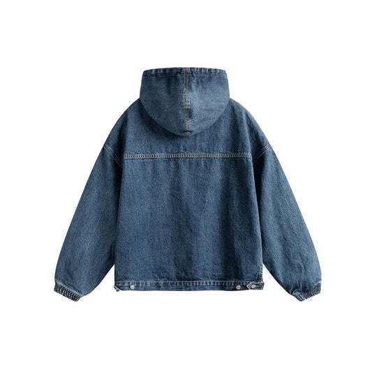 Unisex Oversize Denim Hoodie mit Halbreißverschluss, Kängurutasche und Tunnelzug Shop Nory