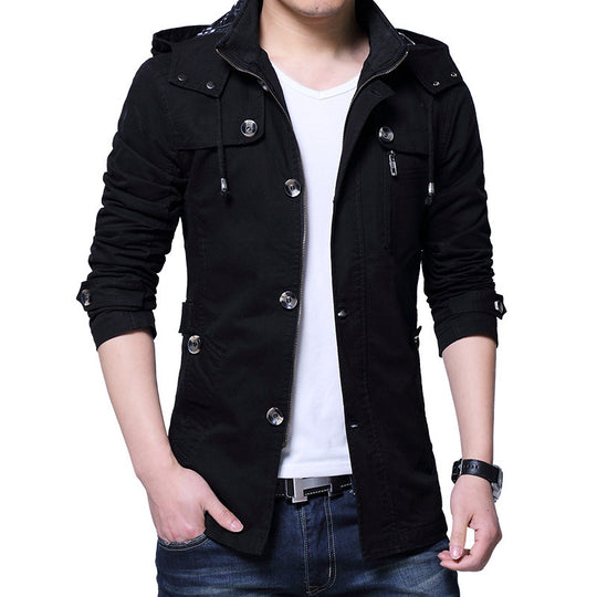Herren leichte Baumwoll-Fieldjacke mit Kapuze, zweifachem Verschluss und Rollärmel Shop Nory