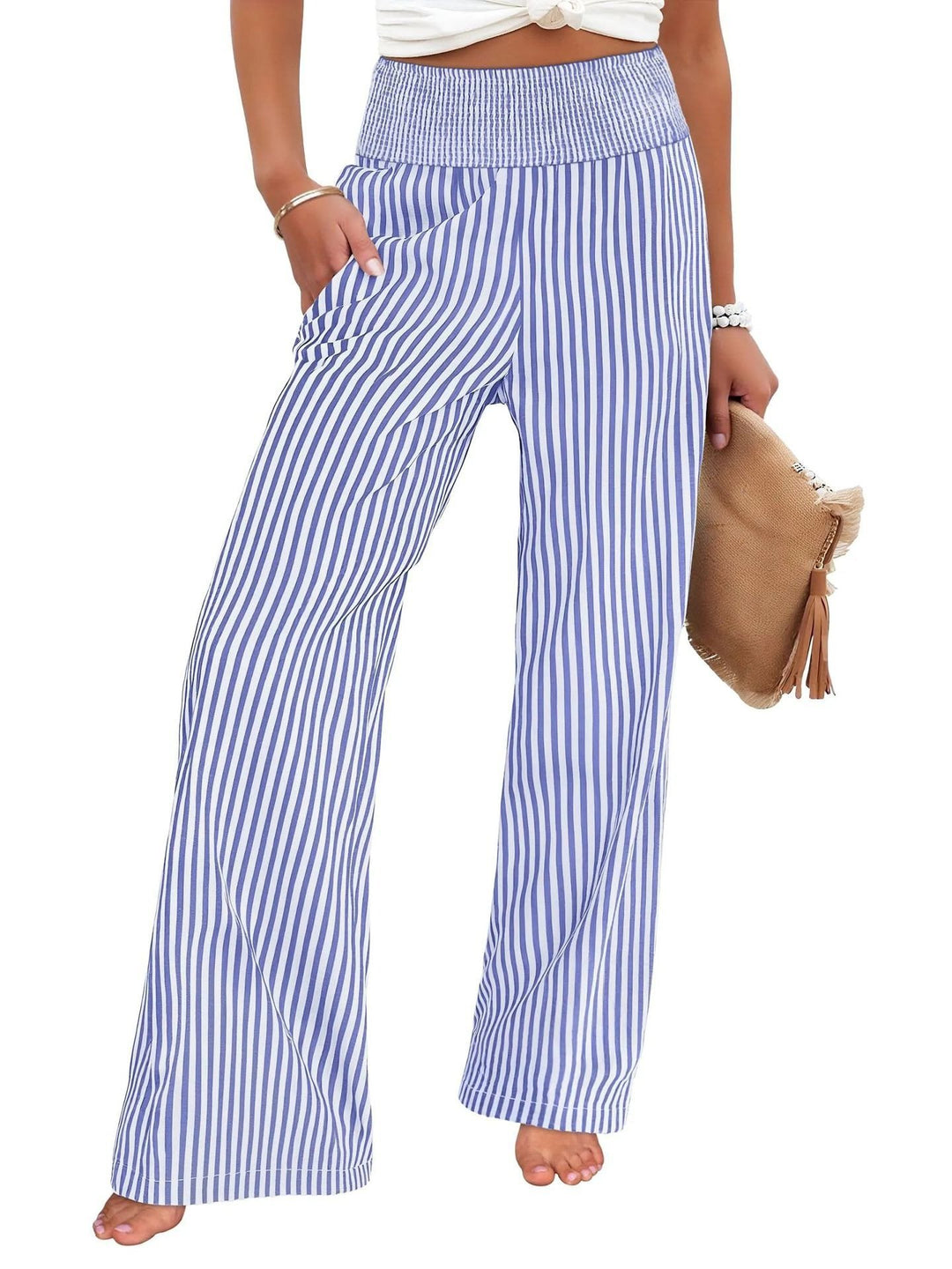 Damen Gestreifte Palazzo-Hose mit hohem, gerafftem Bund und weitem Bein Shop Nory