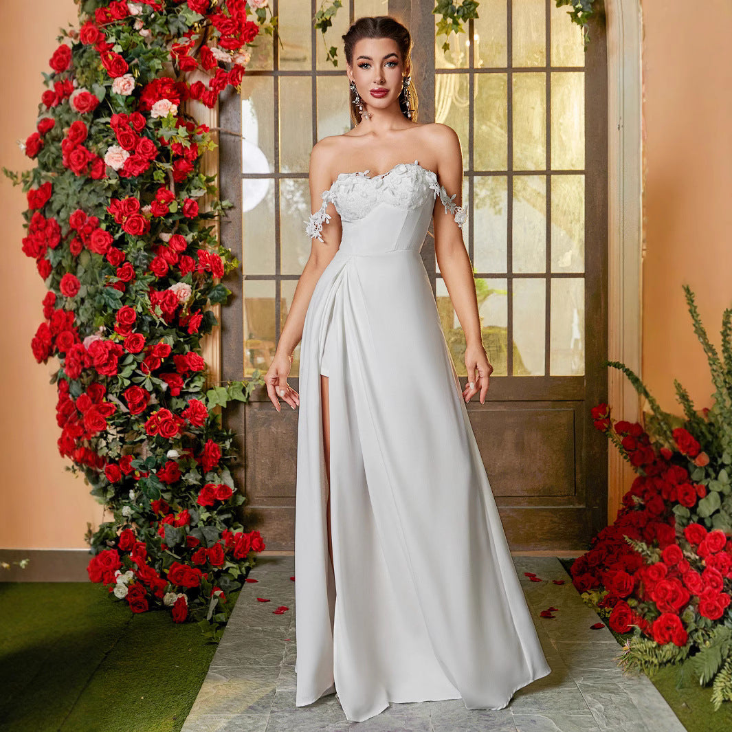 Damen Elegantes Abendkleid mit schulterfreien Ärmeln und hohem Beinschlitz
