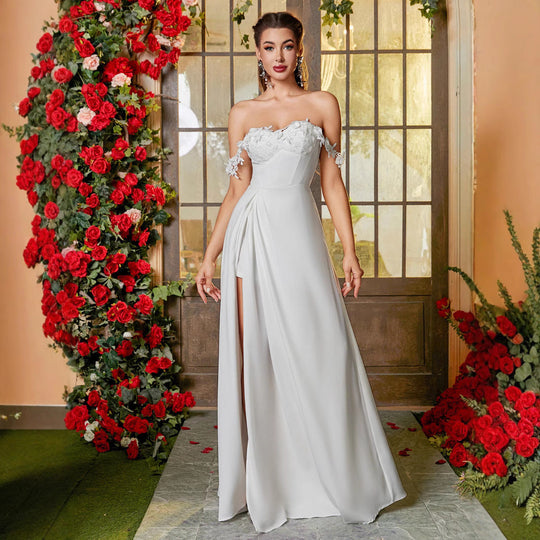 Damen Elegantes Abendkleid mit schulterfreien Ärmeln und hohem Beinschlitz