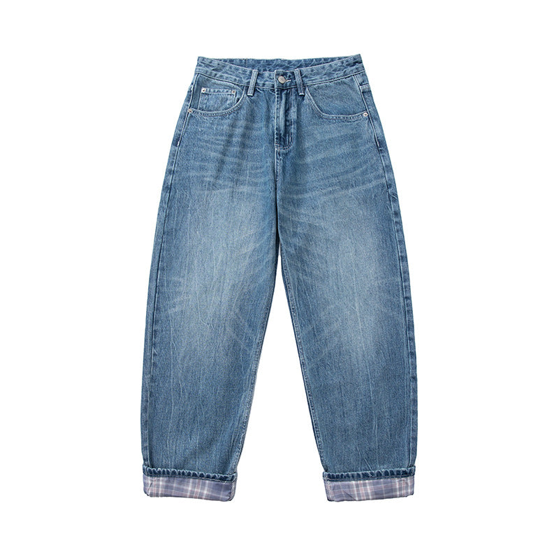 Damen High‑Waist Relaxed‑Fit Jeans mit weitem Bein, umgeschlagenem Saum und karierter Innenfutter Shop Nory