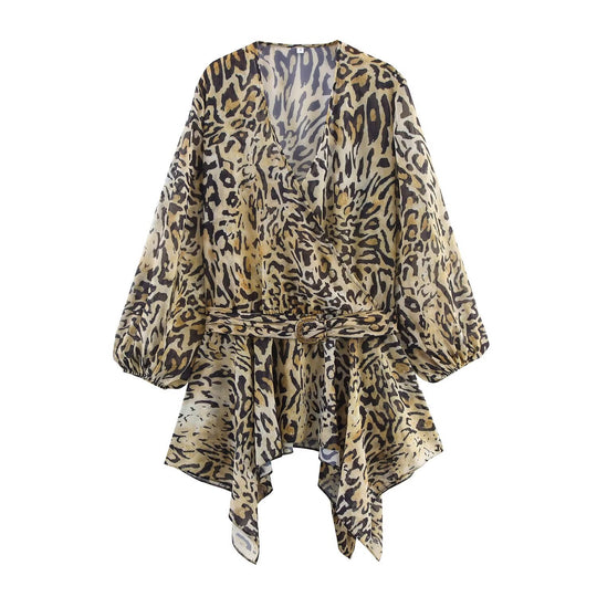 Damen Asymmetrische Wickelbluse mit Leopardenmuster, V-Ausschnitt, Ballonärmeln und Taillengürtel Shop Nory