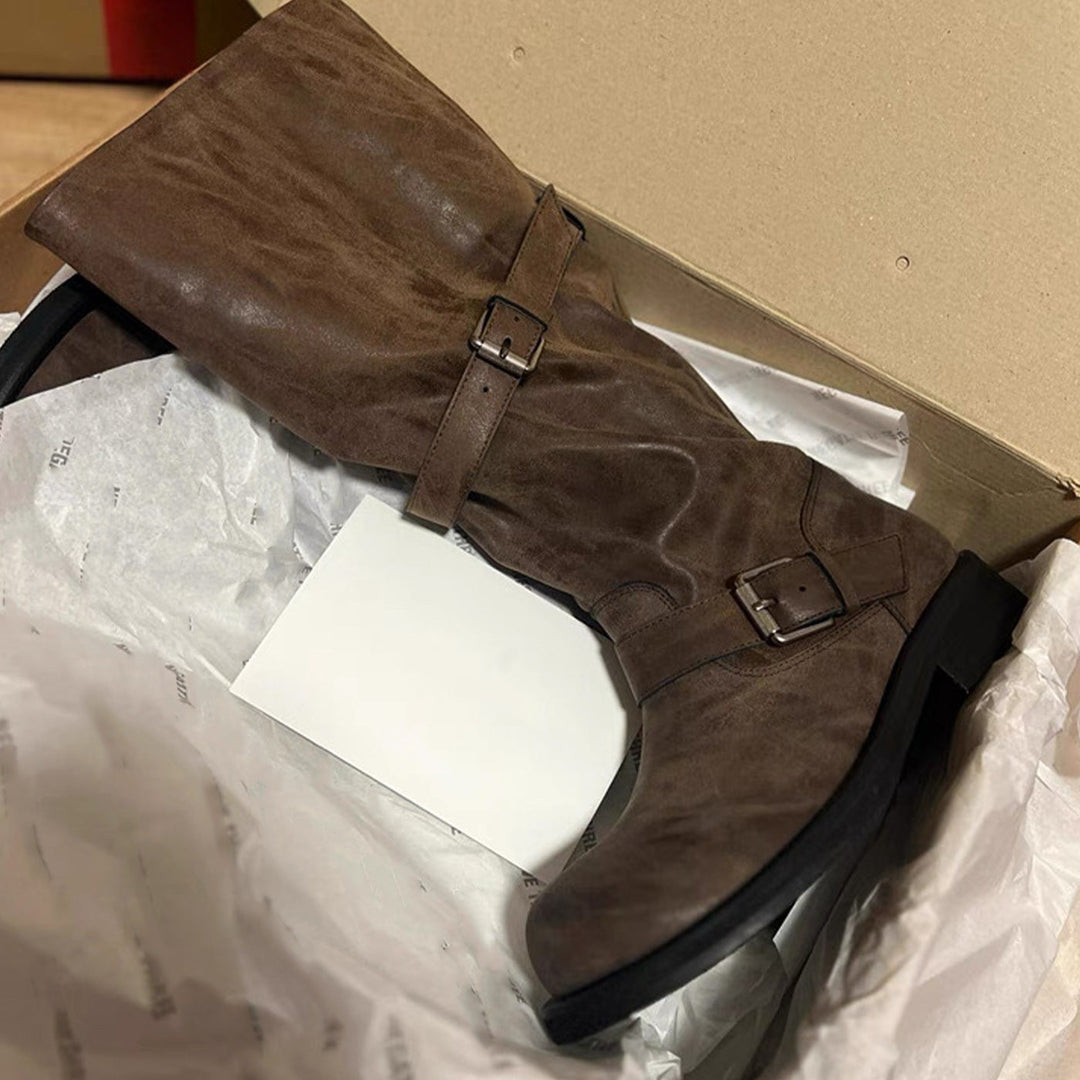 Damen Overknee-Stiefel mit glamourösem Schnallenverschluss