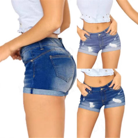 Damen lässige Destroyed Jeans-Shorts mit umgeschlagenem Saum