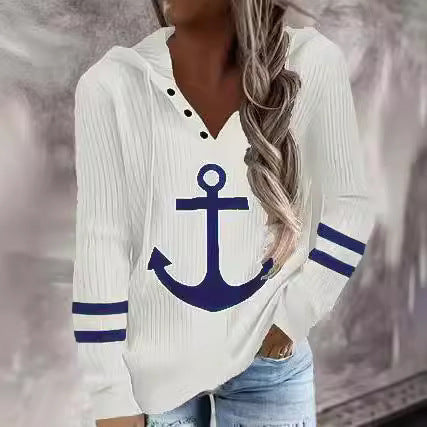 Damen Maritimes Kapuzen-Tunika-Shirt mit großem Ankerprint und Crinkle-Struktur Shop Nory