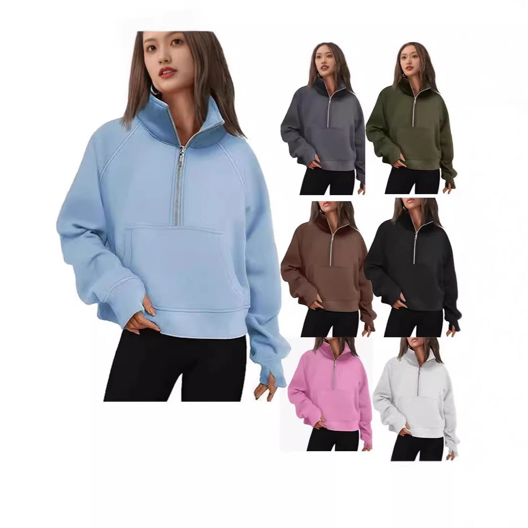 Damen nan kurzer Halfzip-Sweater mit hohem Stehkragen, Kängurutasche und verlängerten Daumenlöchern Shop Nory
