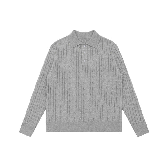 Unisex Grobstrick-Polokragen-Pullover mit Zopfmuster und halber Knopfleiste Shop Nory