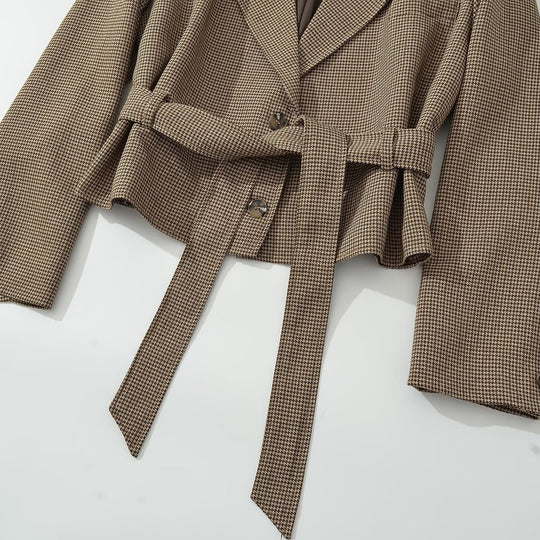 Damen Kurzblazer mit taillierendem Bindegürtel und Hahnentrittmuster Shop Nory