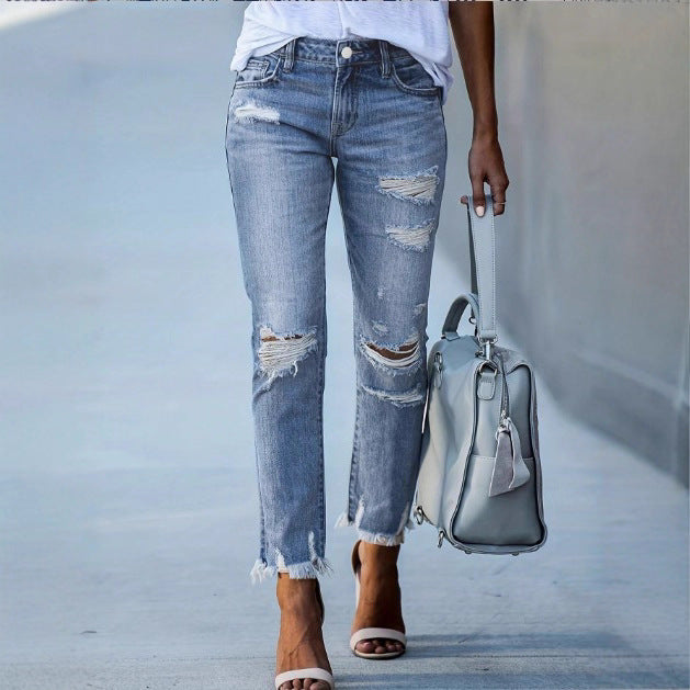 Damen Lässige Cropped-Jeans mit Zerrissenem Destroy-Design, hoher Taille und asymmetrischem Fransenabschluss Shop Nory