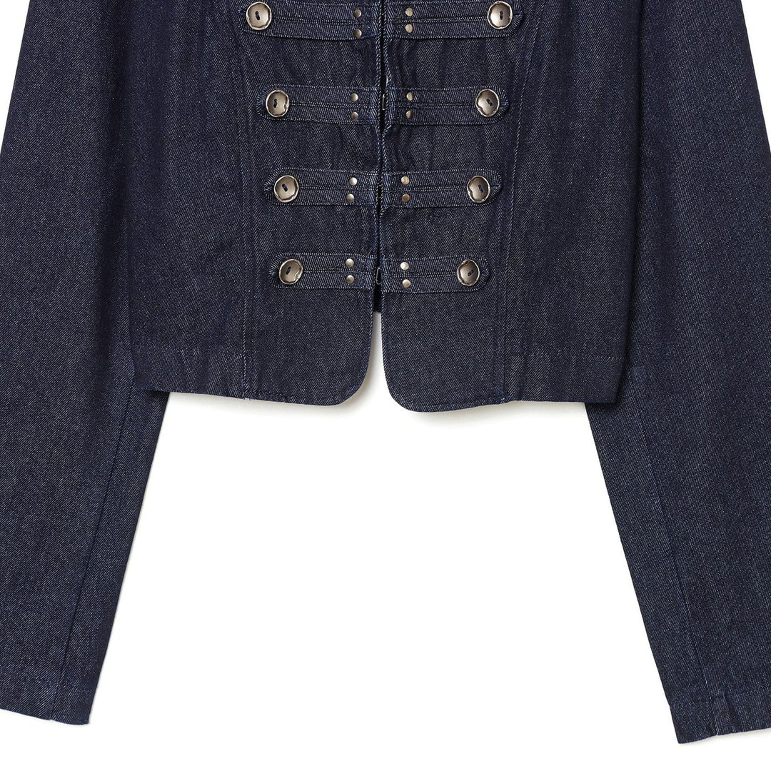 Damen Cropped Denim‑Militärjacke mit Stehkragen und dekorischer Zierknopfleiste Shop Nory