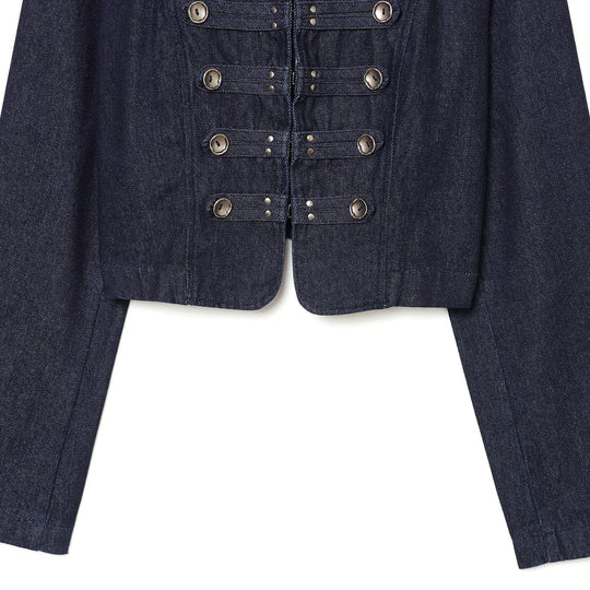 Damen Cropped Denim‑Militärjacke mit Stehkragen und dekorischer Zierknopfleiste Shop Nory