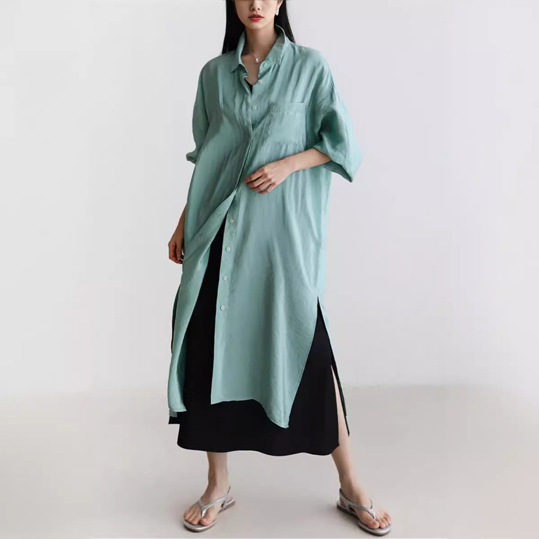 Damen Langer Satin‑Effekt Duster mit Stehkragen, Oversize‑Schnitt und tiefen Seitenschlitzen Shop Nory