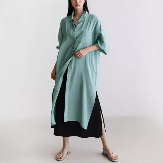 Damen Langer Satin‑Effekt Duster mit Stehkragen, Oversize‑Schnitt und tiefen Seitenschlitzen Shop Nory
