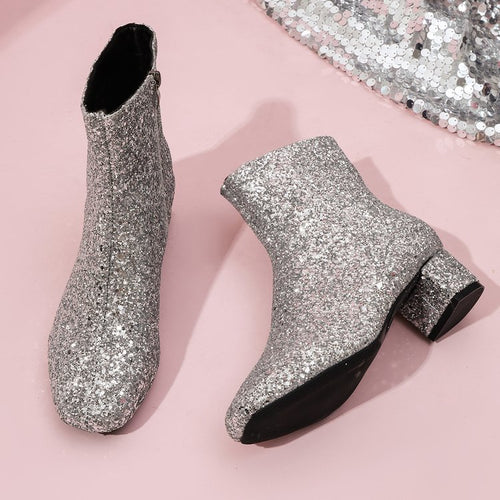 Damen glitzernde Stiefeletten mit kurzem Blockabsatz und seitlichem Reißverschluss Shop Nory