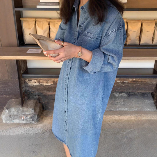 Damen Langes Oversize-Denim-Hemdblusenkleid im washed-Look mit Brusttasche und umgeschlagenen Ärmeln Shop Nory