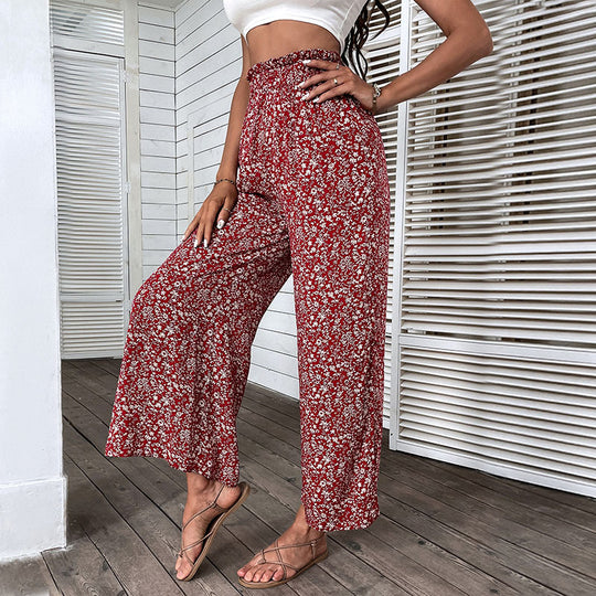 Damen Leichte High‑Waist Palazzo‑Hose mit Gummibund, Blumenprint und seitlichem Beinschlitz Shop Nory