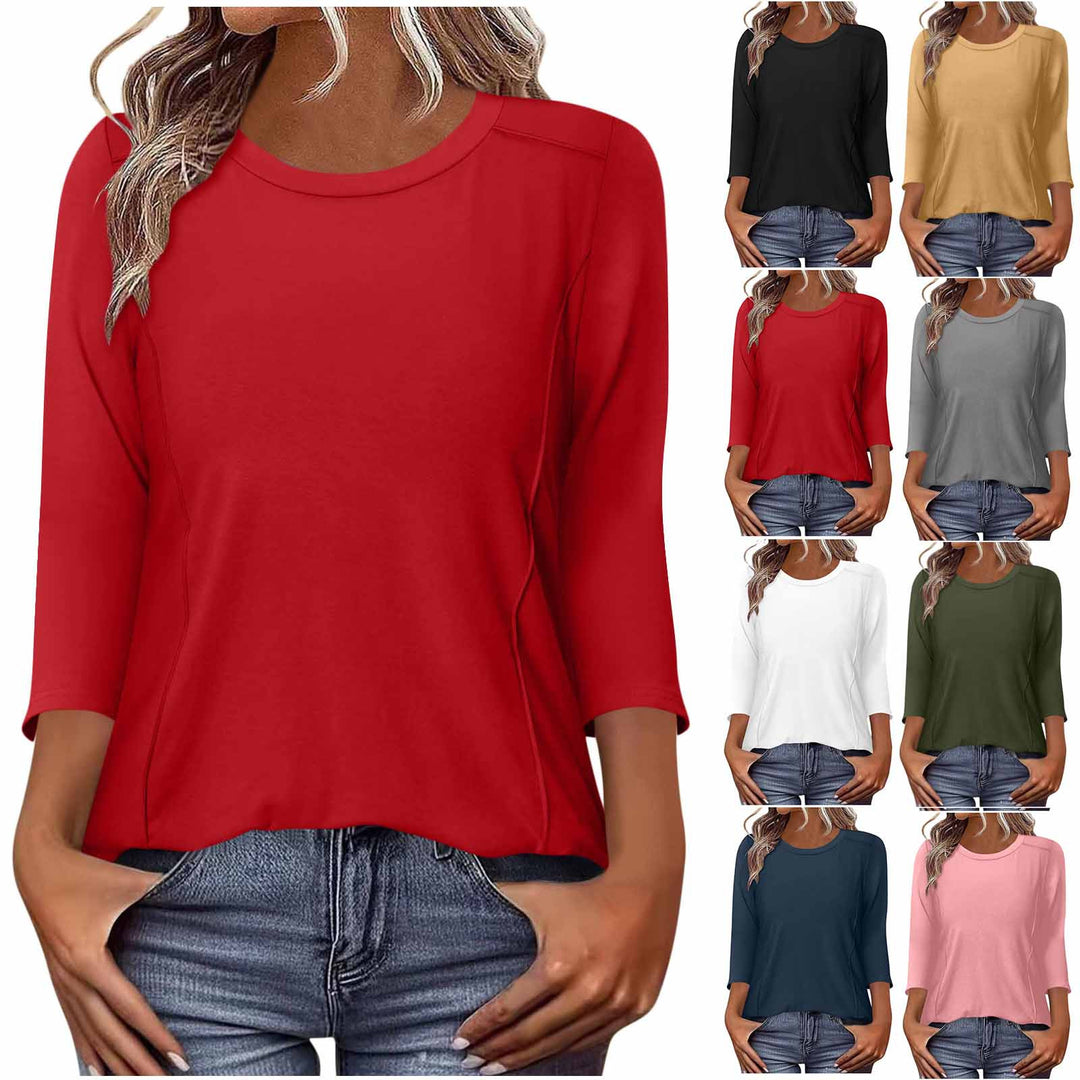 Damen nan lässiges Rundhals Shirt mit mittellangen Ärmeln und sichtbaren Nahtakzenten Shop Nory