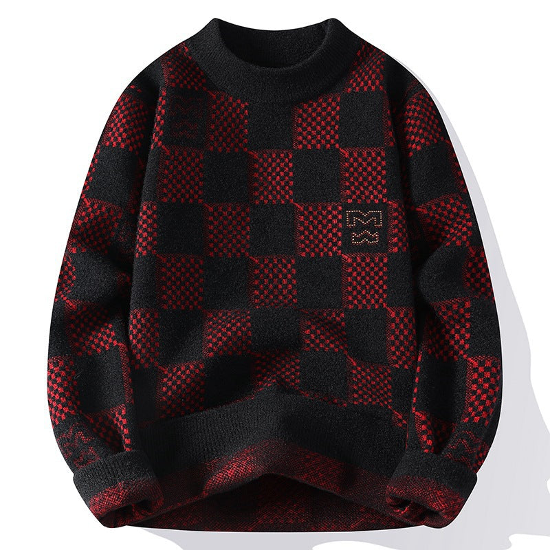 Herren karierter Oversize-Strickpullover mit Rundhalsausschnitt, weichem Feinstrick und strukturierter Jacquard-Musterung Shop Nory