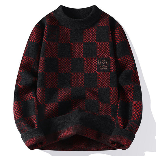 Herren karierter Oversize-Strickpullover mit Rundhalsausschnitt, weichem Feinstrick und strukturierter Jacquard-Musterung Shop Nory