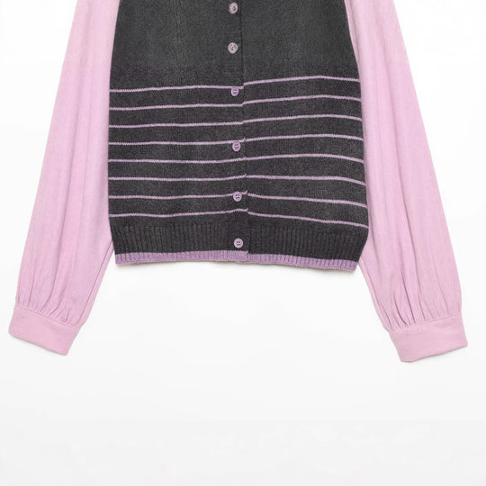 Damen Lagenlook-Strickcardigan mit gestreiftem Westeinsatz und Volumenärmeln Shop Nory