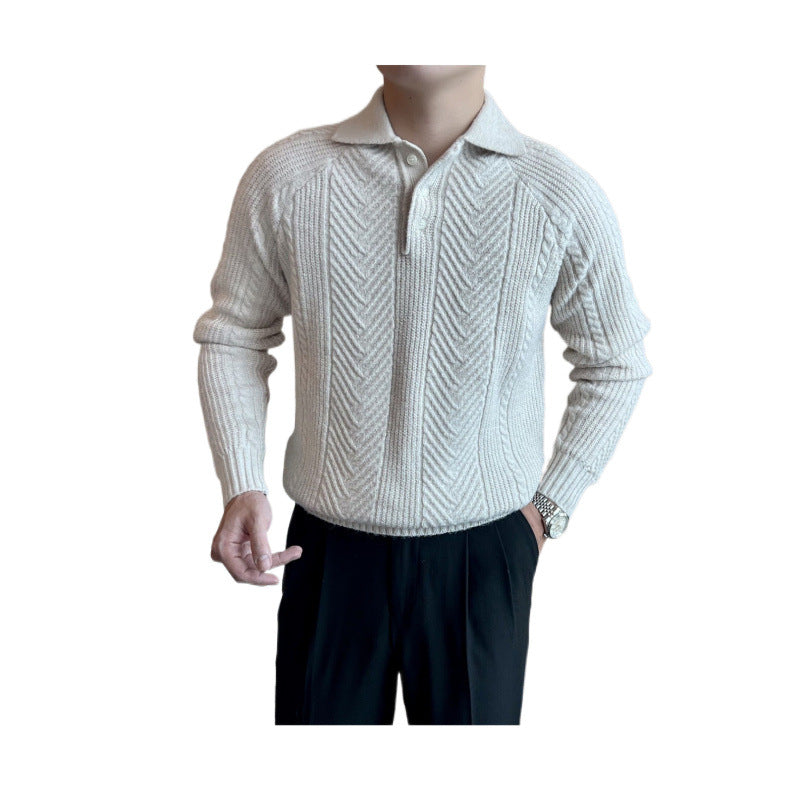 Herren Polokragen-Zopfstrick-Pullover mit halber Knopfleiste Shop Nory