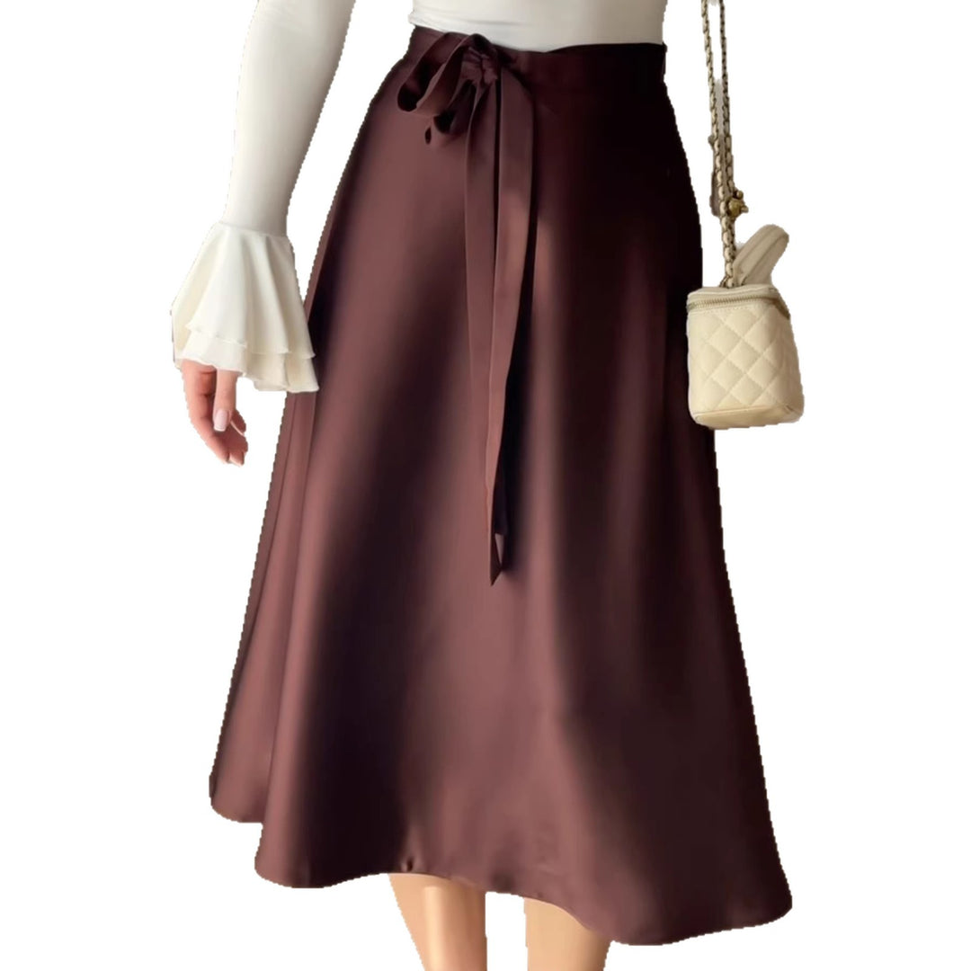 Damen Hochtaillierter A-Linien Midirock mit Bindegürtel und Satin-Finish Shop Nory