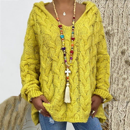 Damen nan oversized Kapuzenpullover mit Zopfmuster, tiefem V-Ausschnitt und seitlichen Schlitzen Shop Nory