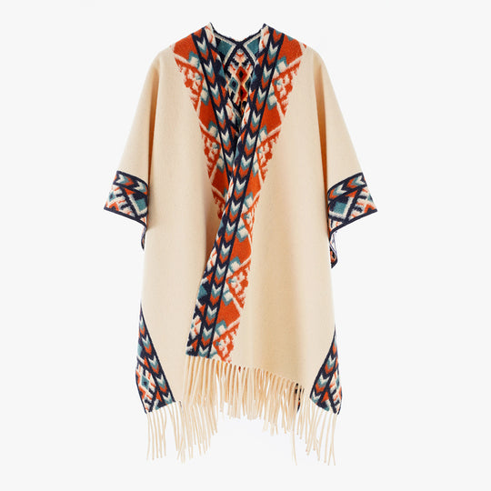 Damen Poncho‑Überwurf mit Ethno-Jacquard und Fransensaum Shop Nory