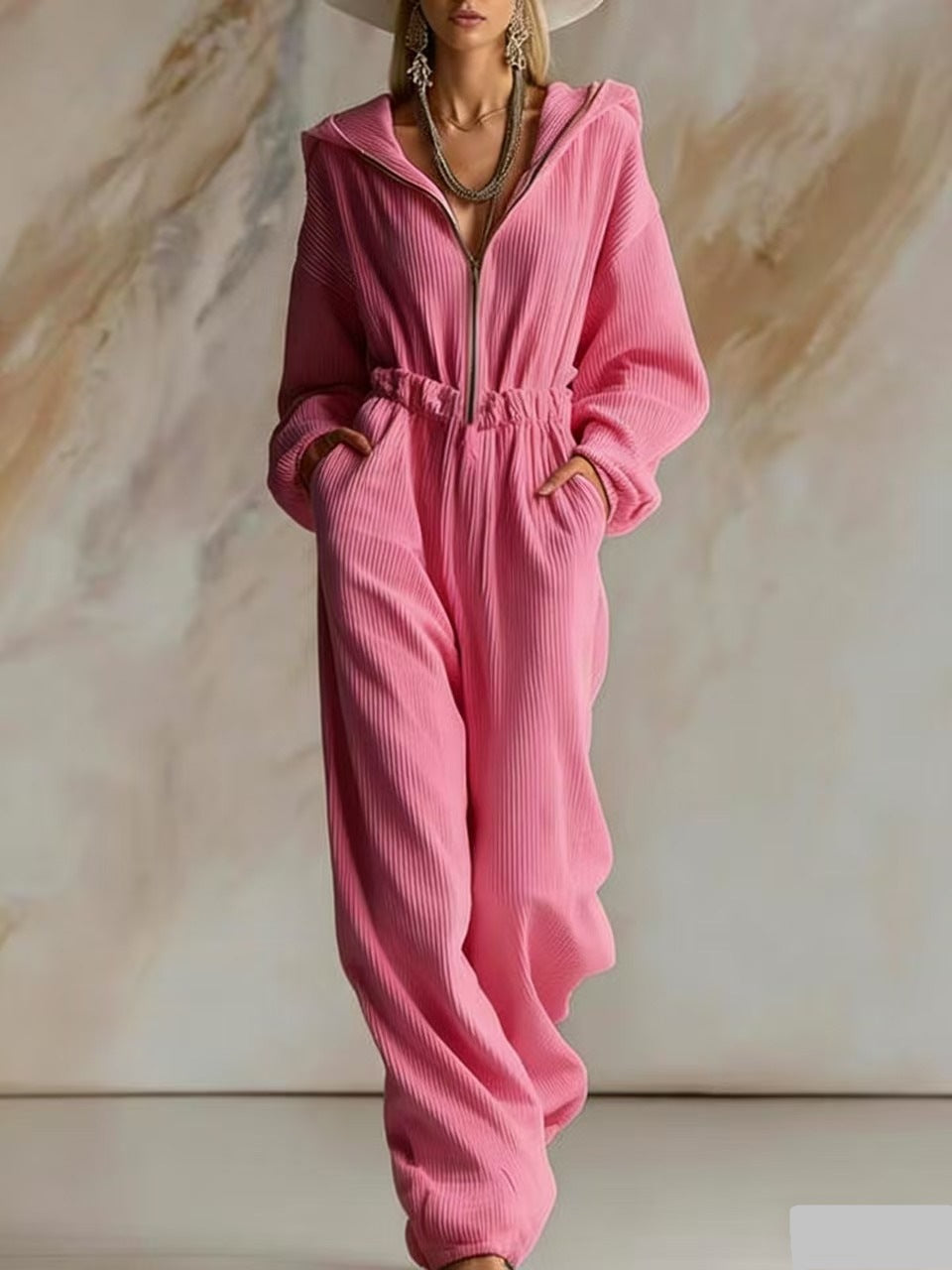 Damen Plissierter Kapuzen-Jumpsuit mit Reißverschluss und elastischer Taille Shop Nory