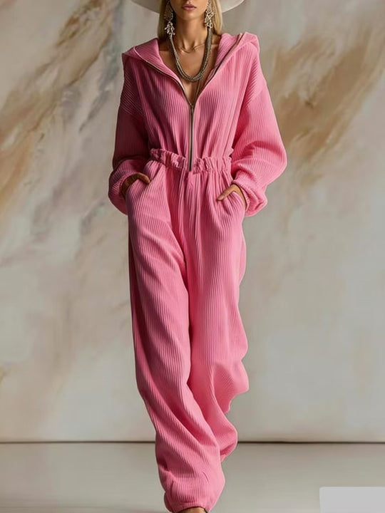 Damen Plissierter Kapuzen-Jumpsuit mit Reißverschluss und elastischer Taille Shop Nory
