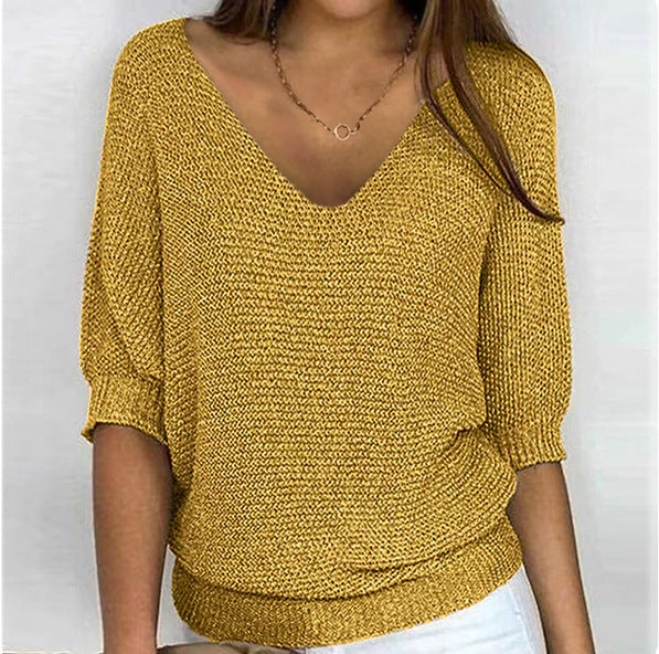 Damen nan lässiger Strickpullover mit V-Ausschnitt und Fledermausärmeln Shop Nory