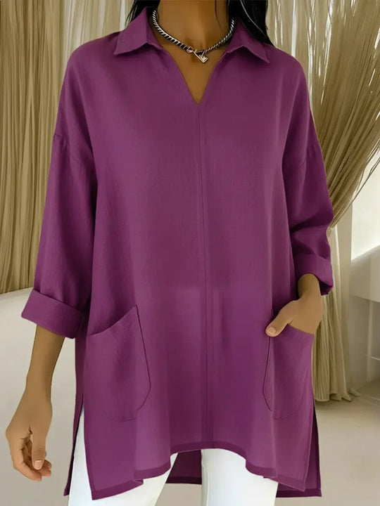 Damen Oversize-Tunika mit Hemdkragen, V-Ausschnitt und aufgesetzten Taschen Shop Nory
