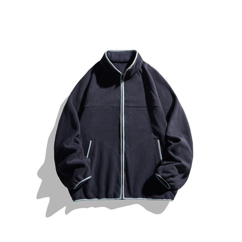 Unisex Fleecejacke mit durchgehendem Reißverschluss im Oversize-Boxy-Schnitt, Stehkragen und Kontrastpaspel Shop Nory