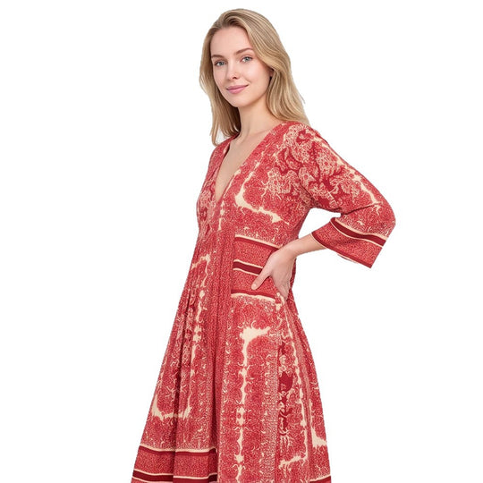 Damen V-Ausschnitt Midikleid mit dreiviertel Ärmeln, Eingrifftaschen & ausgestellter A‑Linien‑Silhouette Shop Nory