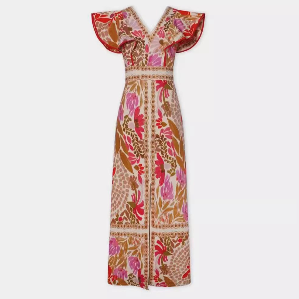 Damen Maxikleid mit farbenfrohem floralem Muster und Volantärmel