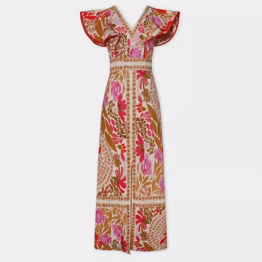 Damen Maxikleid mit farbenfrohem floralem Muster und Volantärmel