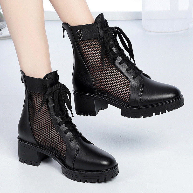 Damen Trendige Schnür-Stiefeletten mit Mesh-Einsatz und robustem Blockabsatz