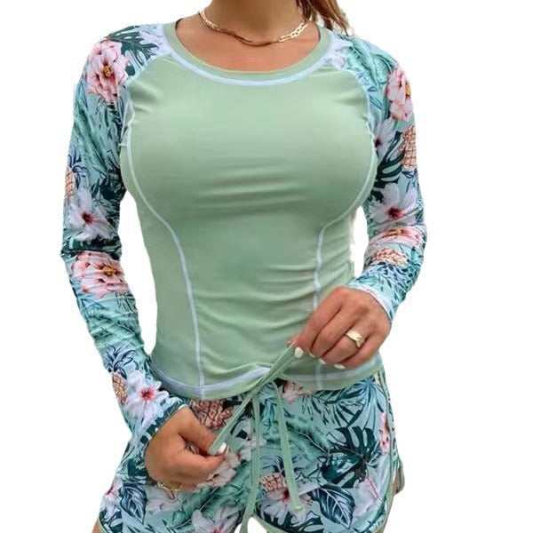 Damen Sportliches Langarm-Badeoberteil mit floralem Design und Shorts
