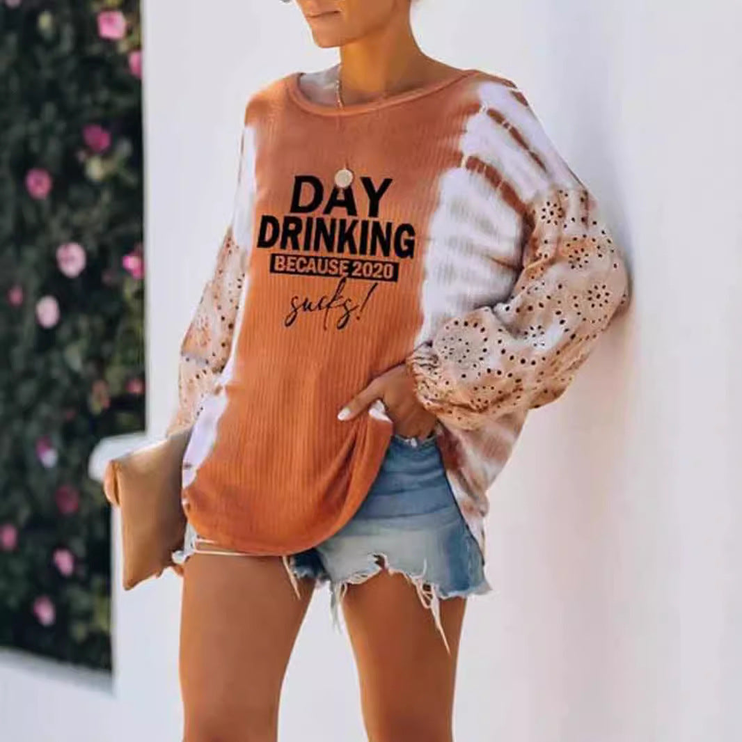 Damen Oversize Langarmshirt im Boho-Look mit Puffärmeln und Statement-Print Shop Nory
