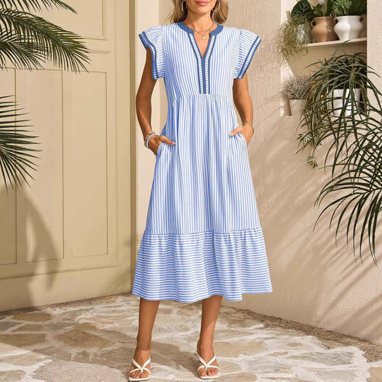 Damen Maritime Midikleid mit vertikalen Streifen, V-Ausschnitt und Volantstufe Shop Nory