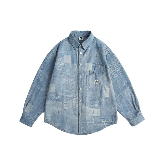 Unisex Oversize-Denim-Hemdjacke mit Patchwork-Print und Druckknopfblende Shop Nory