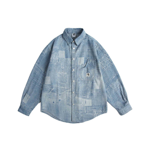 Unisex Oversize-Denim-Hemdjacke mit Patchwork-Print und Druckknopfblende Shop Nory